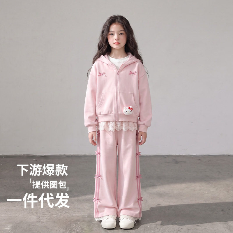 女童套装春秋2026新款女孩粉色甜美儿童洋气外套裤子大童休闲衣服