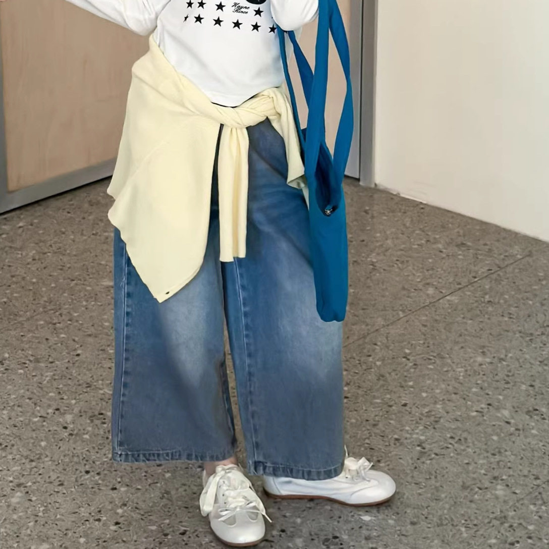 税后价童裤2025春新款女童复古蓝色牛仔裤中童百搭洋气阔腿九分裤