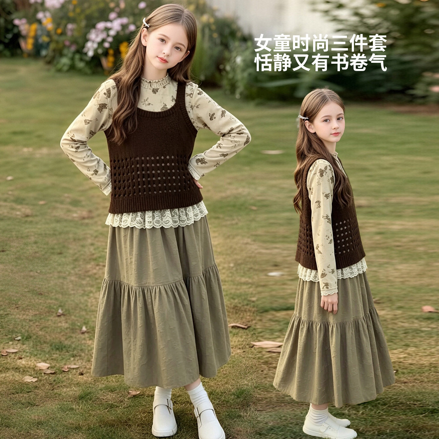 女童超好看套装2026秋款儿童秋装针织马甲花边打底衫半身裙三件套