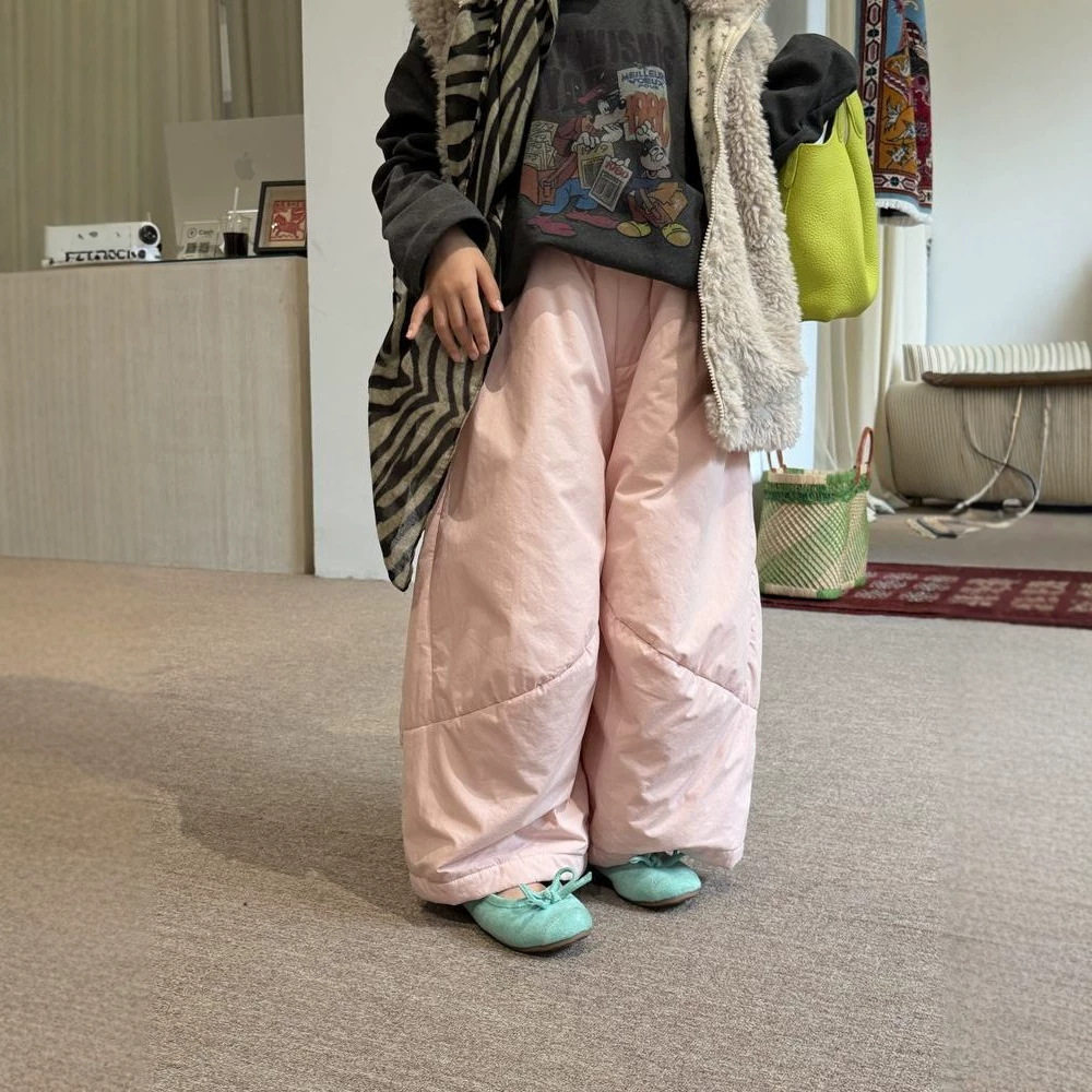 半柚童裤2026冬季女童韩版纯色拼接阔腿裤儿童加厚夹棉弯刀长裤子