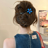 气质蓝色花朵扭扭夹一字抓夹女高级感2025新后脑勺盘发夹头饰发卡