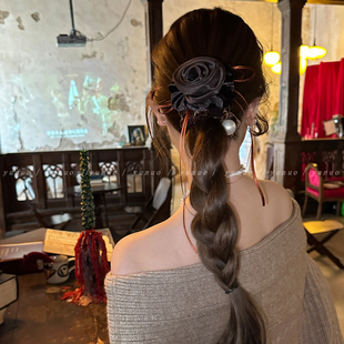 扎马尾不伤发头花头绳 2025新款 法式 优雅玫瑰丝绒飘带大肠发圈女款
