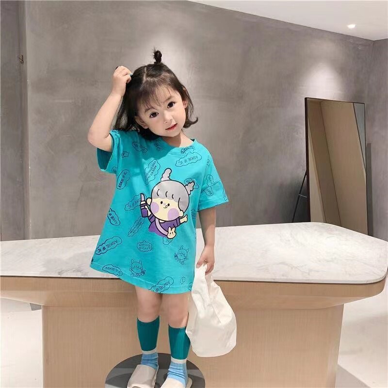 儿童短袖T恤裙新款2021年夏装中小女童中长款上衣小女孩洋气裙子