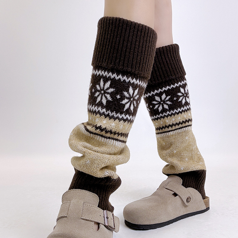 韩版秋冬季费尔岛雪花款堆堆袜套