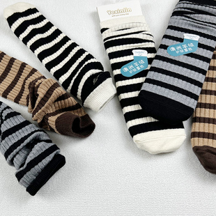 22FW条纹袜子女中筒秋冬季 羊毛绒加厚保暖外穿小腿堆堆长袜ins潮