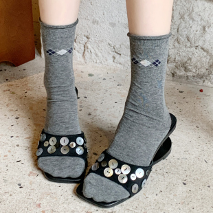 菱形款 韩版 袜子女中筒经典 薄款 休闲百搭显瘦小腿堆堆袜ins 春夏季