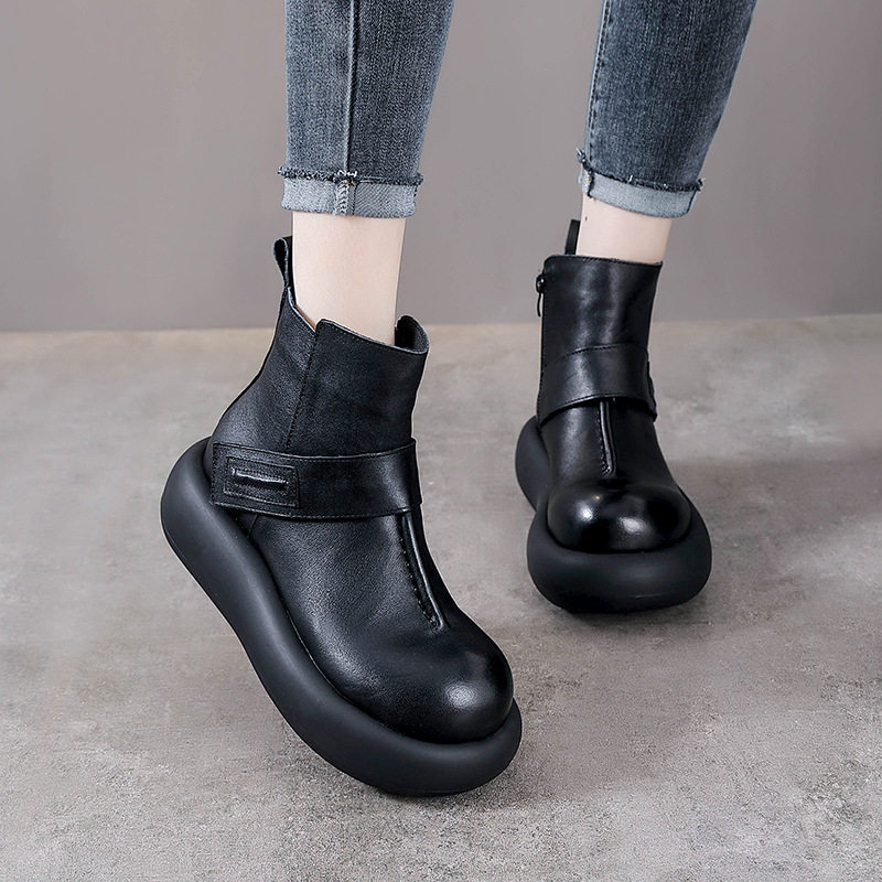 2025秋冬新款头层牛皮圆头厚底休闲松糕跟小个子真皮短单女马丁靴