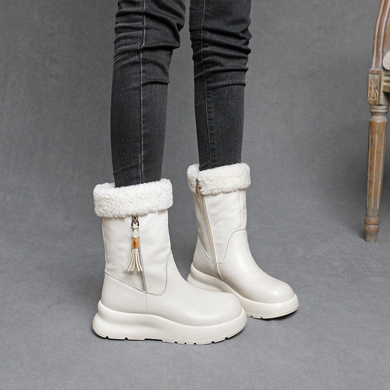 2025冬季保暖防滑雪地真皮厚底短筒女大棉头层牛皮加绒加厚马丁靴