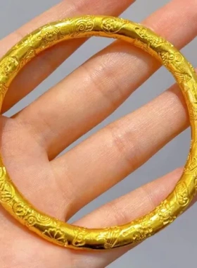 开口古法錾刻手镯吉言小众复古风实心金黄色镯子金色宽版镯子女款