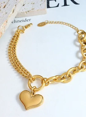 不褪色欧美钛钢设计手链链条风格拼接古巴链爱心手饰品镀18K金