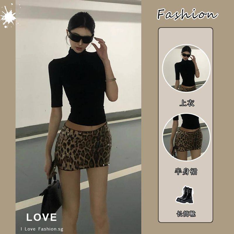 套装女2025夏季新款辣妹高领t恤性感修身上衣高腰显瘦豹纹半身裙,女装/女士精品,时尚套装,淘宝优惠券,粉丝福利购,淘宝优惠卷