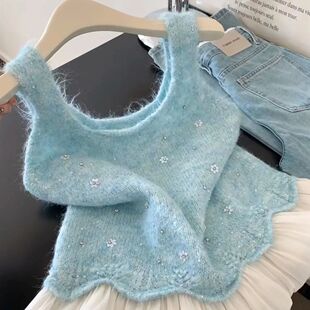 无袖 2026新款 亮片短款 绿色荷叶边马甲针织背心2026新款 上衣 春秋季