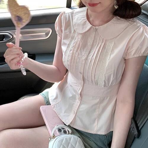 韩系温柔风粉色娃娃领收腰短袖衬衫女夏季设计感减龄蕾丝花边衬衣