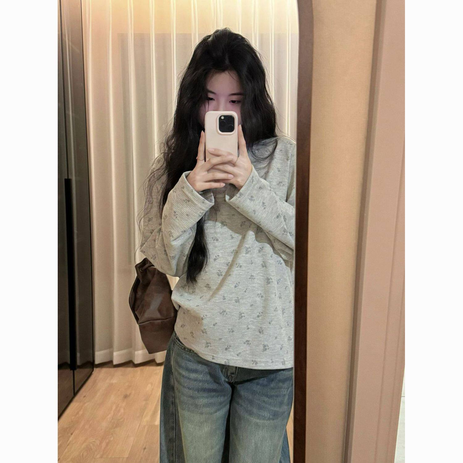 太爱啦!!【华夫格碎花】韩系校园风长袖恤女INS超火秋冬显瘦上衣