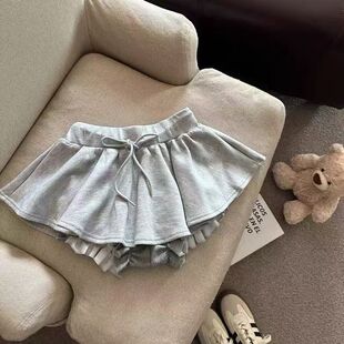 灰色抽绳荷叶边半身裙女2025新款 芭蕾风蓬蓬a字裙防走光裙裤