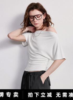 「New! 新品尝鲜」初语TOYOUTH宽松短款收腰不规则斜肩短袖上衣