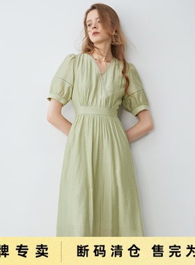 「Sale! 清仓特卖」初语TOYOUTH绿色V领泡泡袖连衣裙