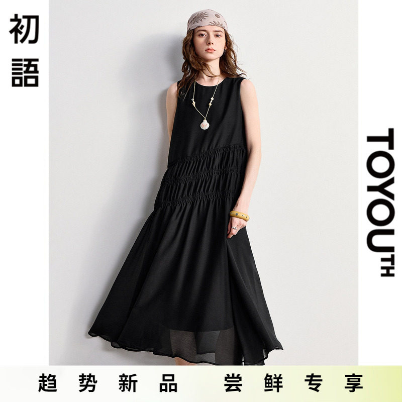 「New! 新品尝鲜」初语TOYOUTH黑色抽褶拼接A字雪纺连衣裙中长裙