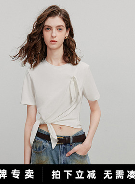 初语白色圆领短袖T恤女夏2025新款显瘦不规则设计感小众正肩上衣