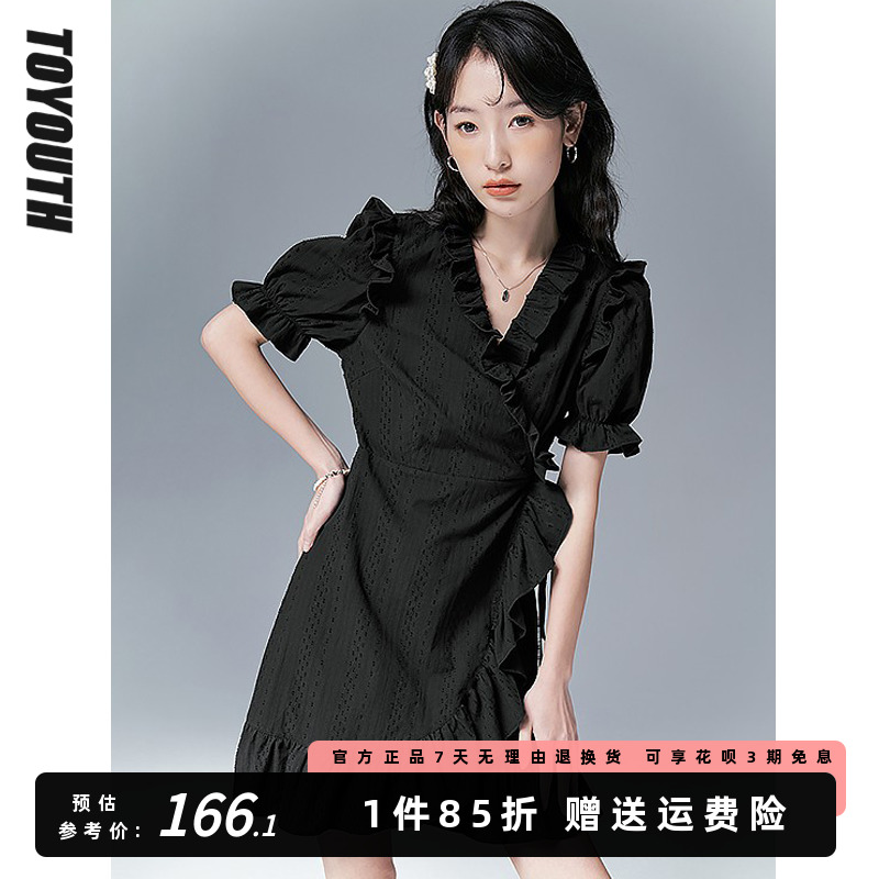 初语法式奶fufu连衣裙女2022夏季新款v领收腰泡泡袖荷叶边小黑裙