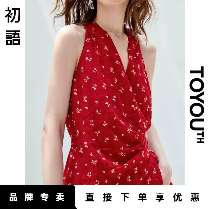 「New! 新品尝鲜」初语TOYOUTH红色v领碎花挂脖无袖连衣裙长裙子