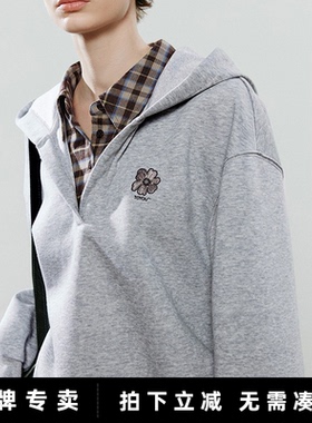 「New! 新品尝鲜」初语TOYOUTH灰色衬衫领拼接假两件宽松连帽卫衣