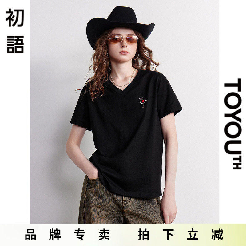 「New! 新品尝鲜」初语TOYOUTH黑色短袖女t恤纯棉夏季v领半袖体恤