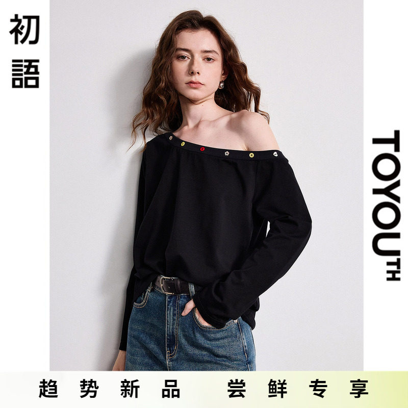 「New! 新品尝鲜」初语TOYOUTH斜肩长袖T恤一字领露肩宽松上衣夏