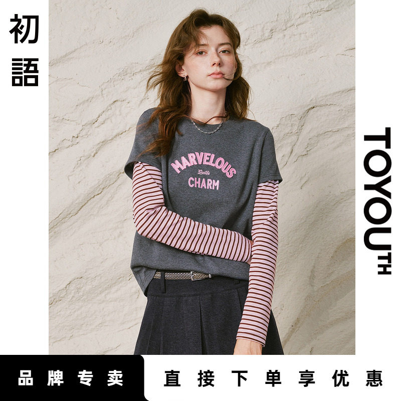 「New! 新品尝鲜」初语TOYOUTH假两件字母刺绣长袖T恤秋装上衣