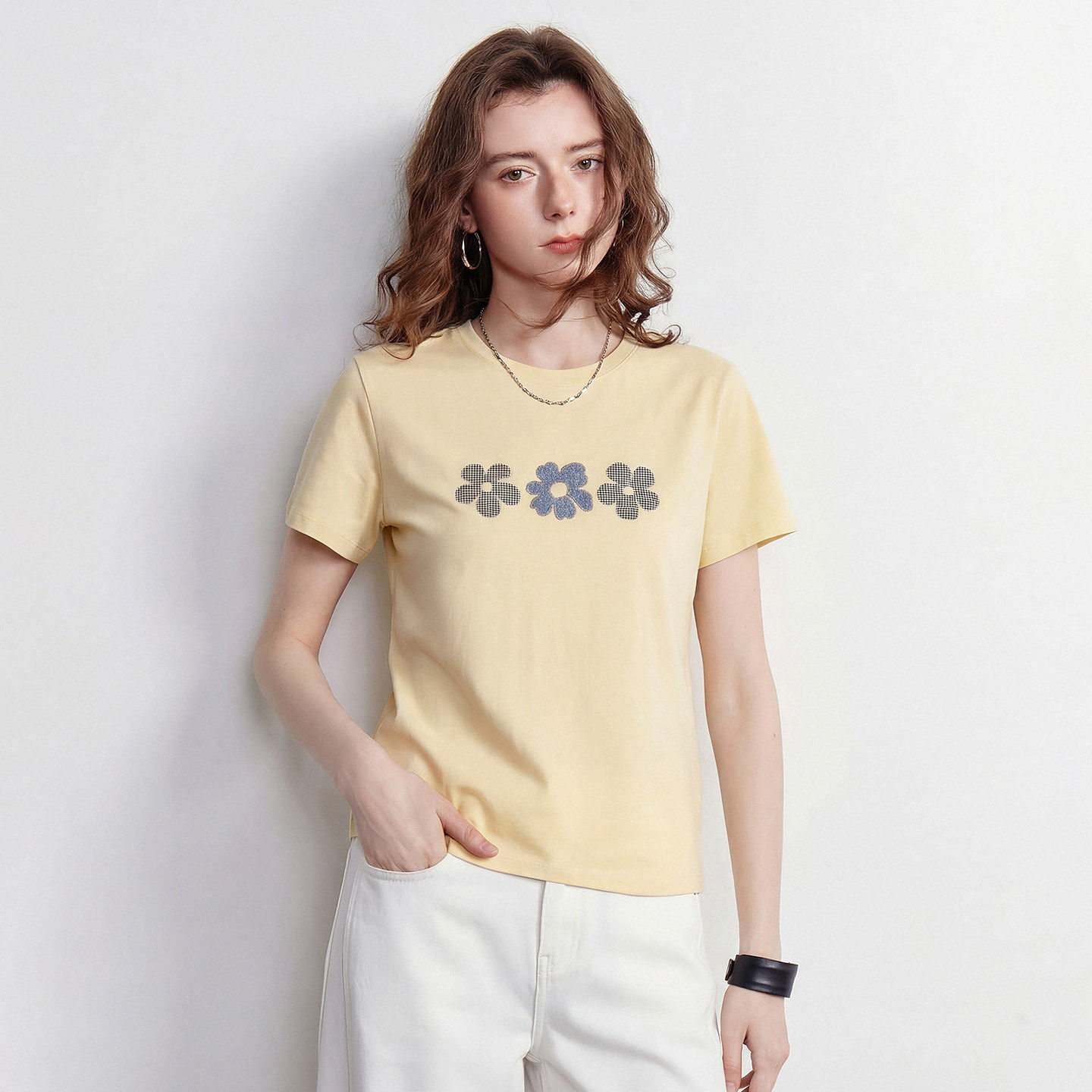 「New! 新品尝鲜」初语TOYOUTH浅黄色纯棉圆领短袖T恤浅灰色上衣