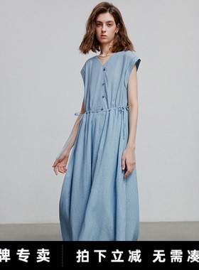 初语2025新款夏季小个子气质百搭轻薄透气亚麻浅蓝色连衣裙女长裙