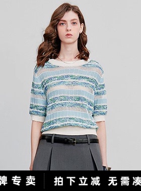初语薄款短袖针织衫女圆领套头2025年夏季新款欧若风蓝色条纹上衣