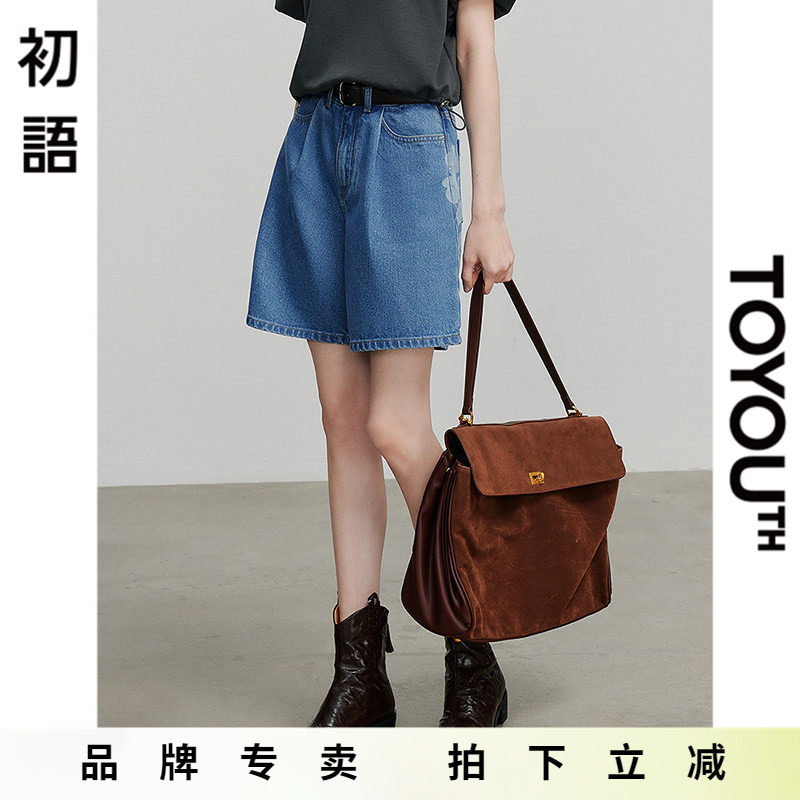 初语复古印花五分牛仔短裤女夏季2025新款小个子高腰宽松阔腿中裤