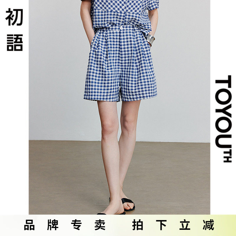 初语复古格纹航海风阔腿短裤女2025夏季新款松紧腰慵懒休闲裤子