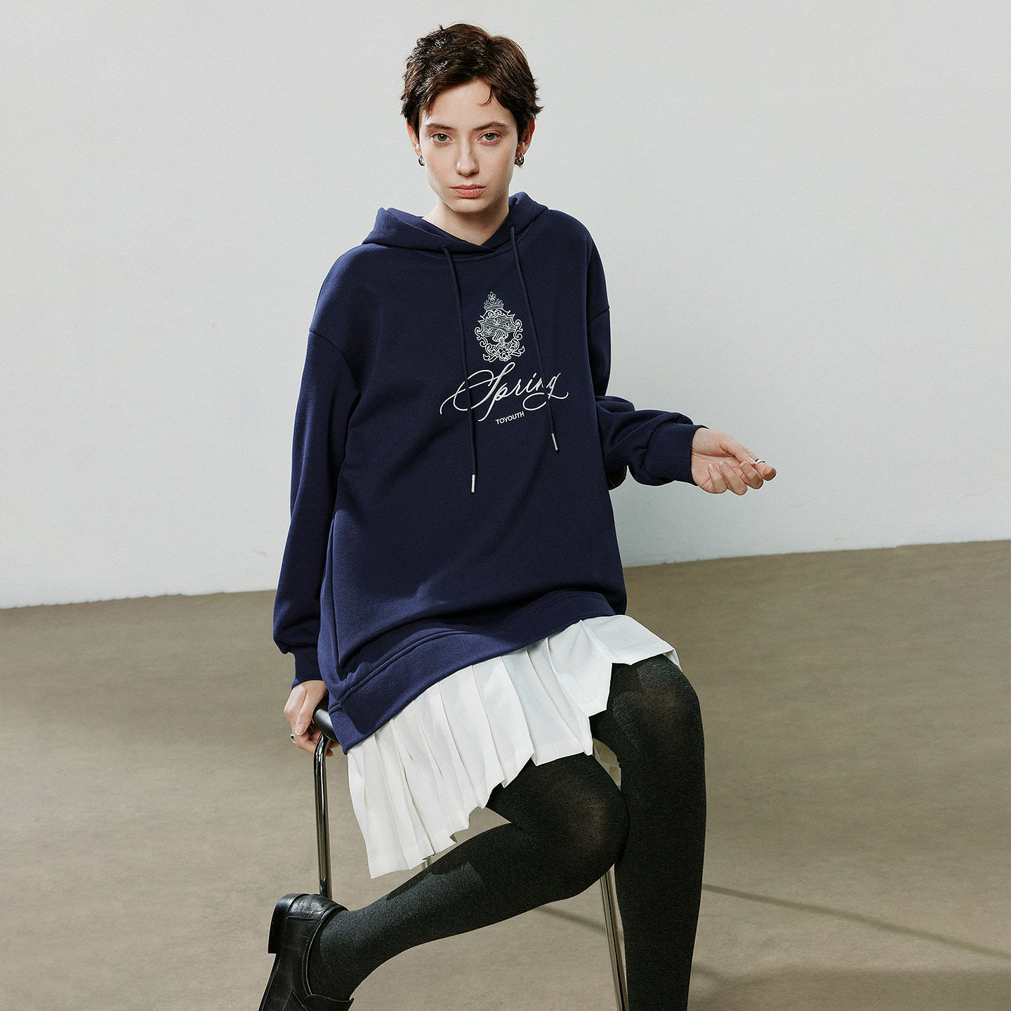 「New! 新品尝鲜」初语TOYOUTH藏青色拼接连帽卫衣连衣裙短裙