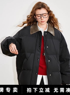 「New! 新品尝鲜」初语TOYOUTH拼接皮质翻领90白鸭绒黑色羽绒外套