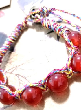 貔貅阁珠宝 原野 天然红玛瑙水晶大珠手作简朴棉绳编织手链