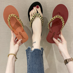 厚底链条时尚人字拖鞋夏女外穿ins潮防滑2025新款凉拖鞋高跟沙滩