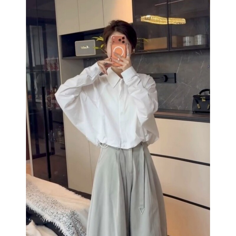 设计感下摆抽绳长袖衬衫女短款2衬衫