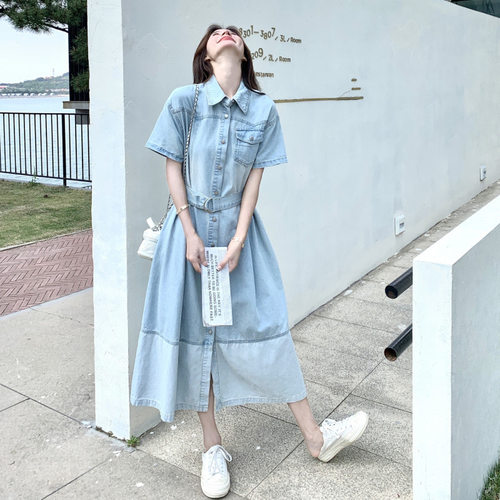 实拍法式复古超薄牛仔衬衫连衣裙夏新款设计感气质显瘦收腰A字裙
