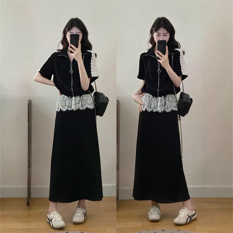 2026年大码女装时尚气质休闲蕾丝拼接外套+屁帘蕾丝半身裙套装