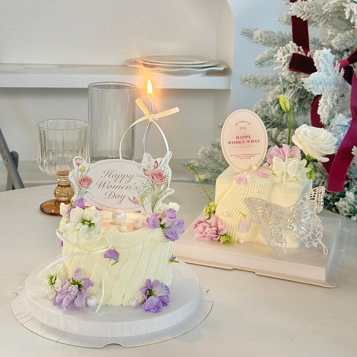 38女神节郁金香花卡片蛋糕装饰插件三八女王节双层蝴蝶装扮摆件