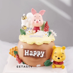 小孩儿童生日蛋糕装 扮插牌 饰摆件卡通玩偶小熊老虎小猪蛋糕派对装