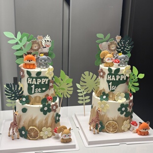 森系动物园蛋糕装 扮 饰摆件软胶卡通大象长颈鹿儿童生日派对烘焙装