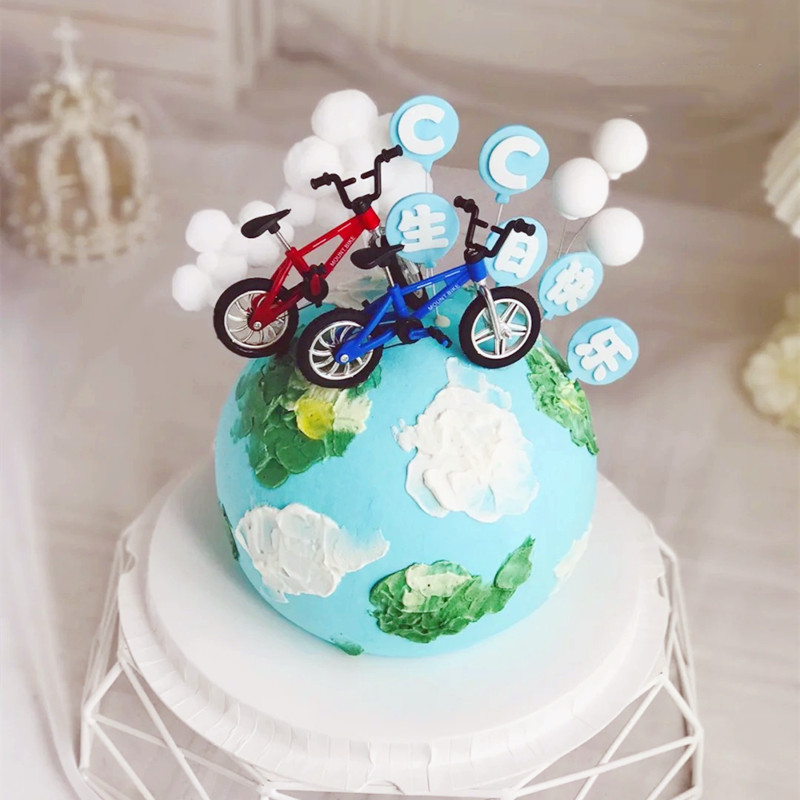 蓝色自行车儿童小孩插牌蛋糕装饰