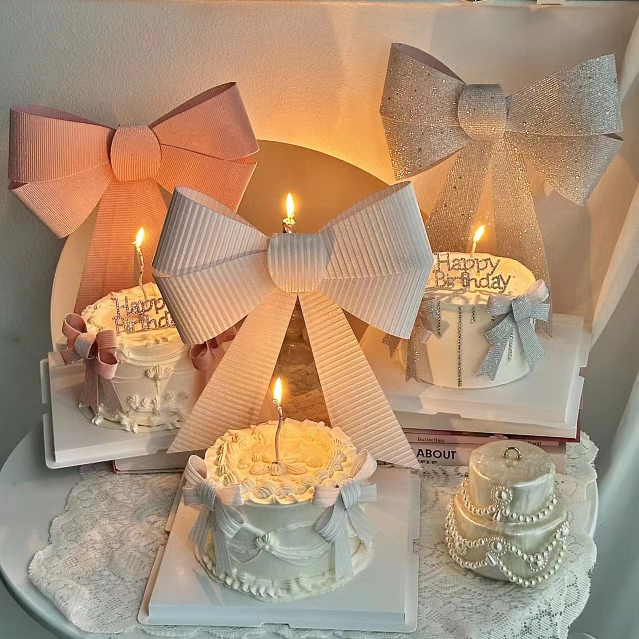 抱抱酱同款仙女女神生日蛋糕装饰粉色白色闪钻大蝴蝶结烘焙装扮