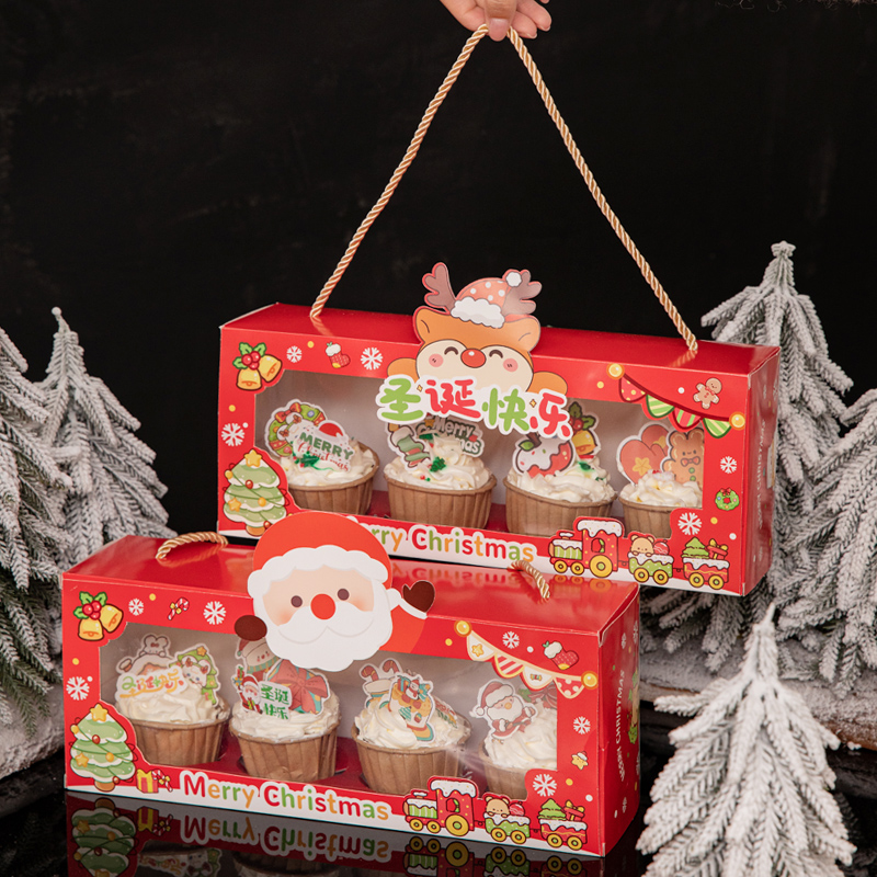 2026圣诞节纸杯蛋糕装饰手提盒圣诞老人麋鹿马芬杯甜品礼盒包装盒