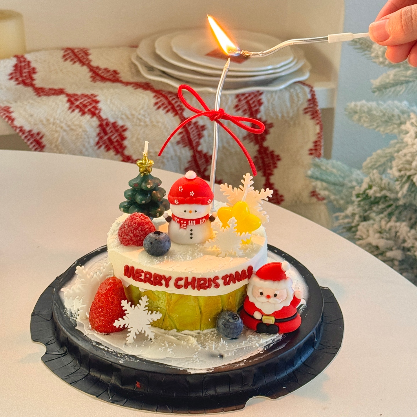 2026圣诞节巴斯克蛋糕装饰圣诞老人雪人雪花摆件圣诞树蜡烛插件