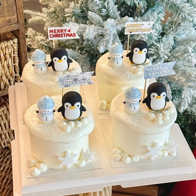 网红圣诞节企鹅小雪人蛋糕装饰摆件圣诞快乐插旗雪花甜品烘焙装扮
