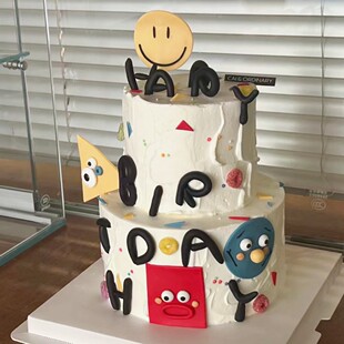 韩系ins卡通蛋糕装饰彩色黑色happybirthday字母插件烘焙笑脸插牌